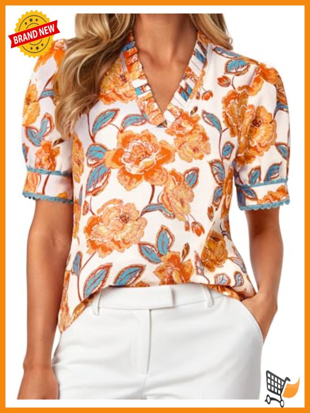 Womens Boho Floral Blouse Puff Short Sleeve V Neck Dressy Casual Top